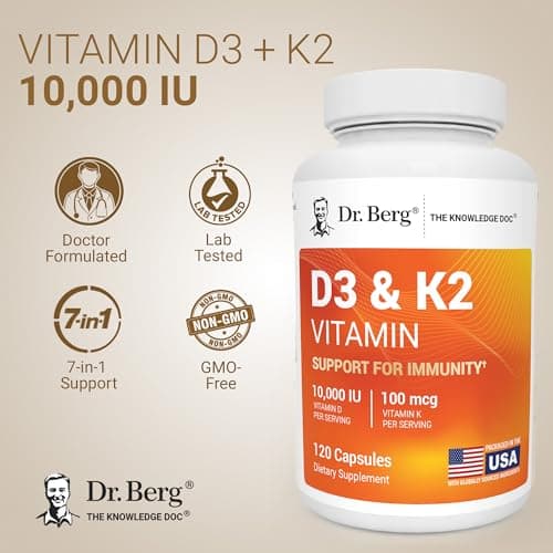 Dr. Berg Maximum Strength 2-in-1 Vitamin D3 K2 10,000 IU | Naturally Derived D3 | 4X Lab-Tested & Verified | High Absorption Formula | K2 D3 Vitamin Supplement - 120 Capsules