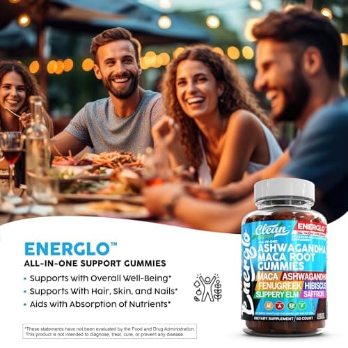 Ashwagandha Maca Root Gummies with Fenugreek Hibiscus Slippery Elm Saffron Extract & Beta Carotene | Peach Flavor Vegan Gummy Vitamins Adaptogen Cortisol Supplement Energlo By Clean Nutra