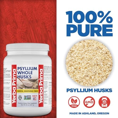 Yerba Prima Psyllium Whole Husks Fiber Supplement - Colon Cleanse - Gut Health - Vegan Non-GMO Gluten Free - 20oz