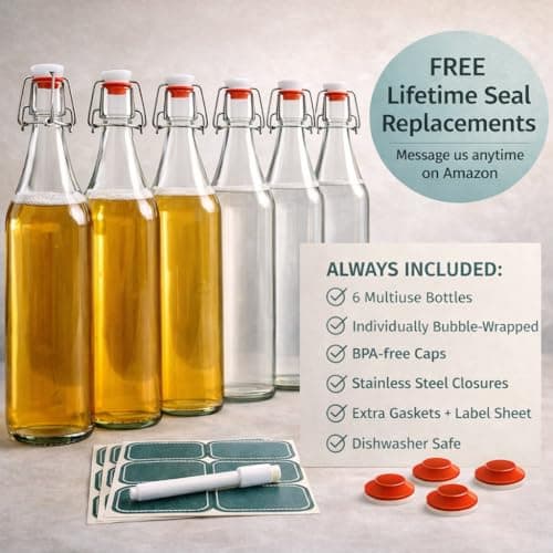 Otis Classic Swing Top Glass Bottles - Set of 6, 16oz w/Marker & Labels - Clear Bottle with Caps for Juice, Water, Kombucha, Wine, Beer Brewing, Kefir Milk or Eggnog
