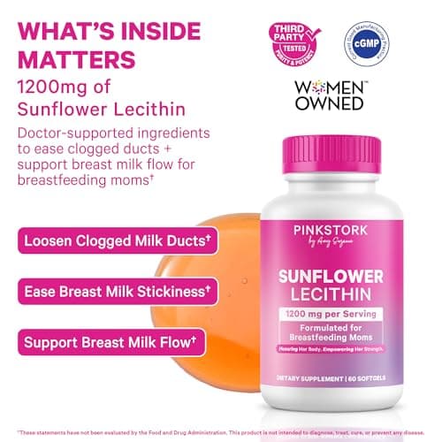 Pink Stork Sunflower Lecithin Supplement - 1200 mg for Clogged Milk Ducts - Breastfeeding Essentials for Postpartum Moms - Supports Breast Milk Flow - 60 Softgels