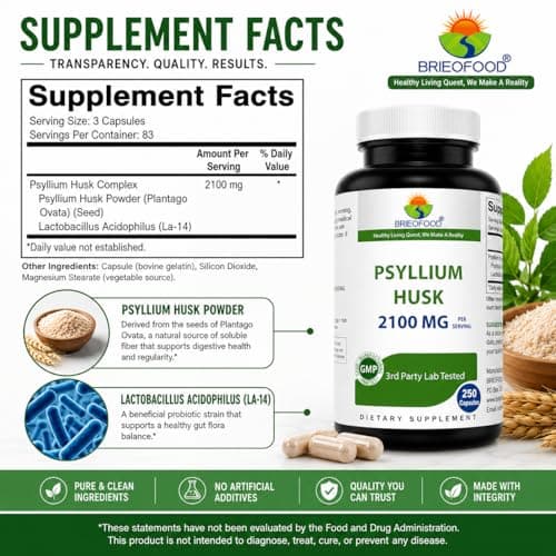 Brieofood Psyllium Husk Fiber Supplement with Lactobaciilus Acidophillus (La-14) - 2100mg per Serving - 250 Capsules - Helps Support Digestion, INTESTINAL Health & Regularity