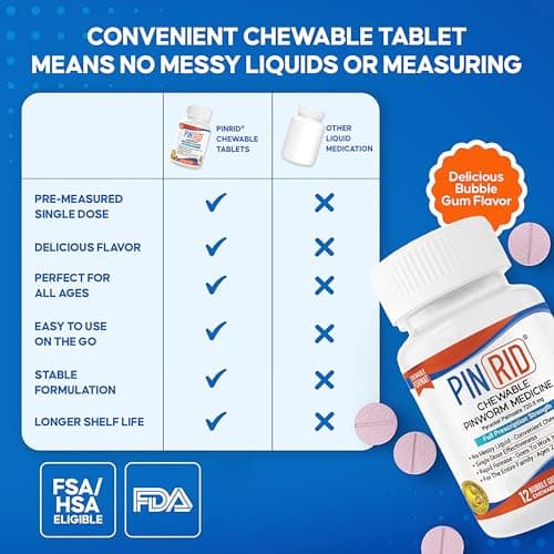 PIN RID - Pinworm Medicine for Family 2+, Bubble Gum Chewable Tablets (12 Doses) - 250mg Pyrantel Pamoate - Single-Dose Parasite Cleanse for Humans - Allergen Free