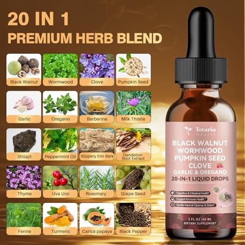 Totaria 20 in 1 Black Walnut Wormwood Tincture - Clove,Pumpkin Seed,Garlic,Oregano,Berberine - Gentle Gut Cleanse & Digestive Health - Alcohol-Free,Gut-Friendly -Raspberry Flavor - 2FL
