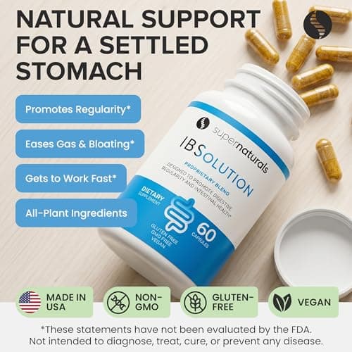 SuperNaturals IBSolution - Made in USA, Non-GMO, Gluten Free & Vegan (60 Capsules) - Digestive Gut Health Supplement With Psyllium Husk - Gas, Bloating, Diarrhea, Constipation Relief, Abdominal Pain