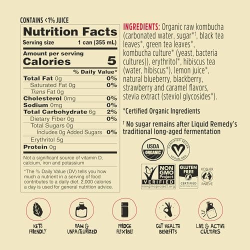 Liquid Remedy Kombucha Sugar Free Organic Drink, Low Calorie, Probiotic Like Tea for Gut Health - Mixed Berry - 12 Fl Oz Can, 4-Pack