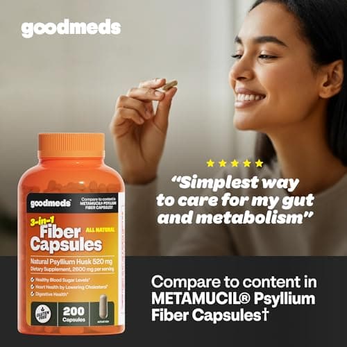 GoodMeds Psyllium Husk Fiber 520mg Capsules Supplement Soluble Dietary Colon Support for Women and Men, Restore Digestive Regularity and Balance (200 Count)