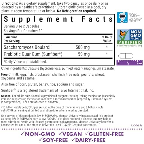 BlueBonnet Nutrition S. Boulardii Probiotic 10 Billion CFU^ w/Prebiotic Sunfiber – Shelf Stable - for Women & Men Digestion, Gut, Mood* - Non-GMO, Vegan, Free of Gluten, Dairy & Soy - 30 Servings
