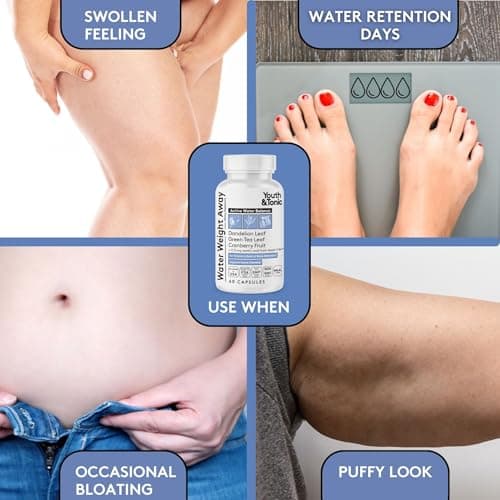 Youth & Tonic Water Pills for Fluid Retention – Water Weight Away Natural Diuretic for Bloat Relief & Fluid Balance, Support for Swollen Legs & Feet with Potassium & Vitamin B6 – 60 Pills