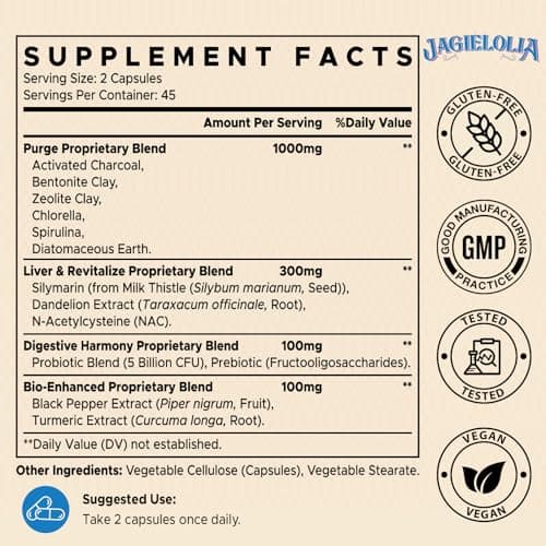 Jagielolia All-in-One Detox Binder Supplement 1500 MG - High Bioavailability, Liver Gut Detox Cleanse with Activated Charcoal, Zeolite & Bentonite Clay for Toxins, Liver, Digestive, 90 Vegan Capsules
