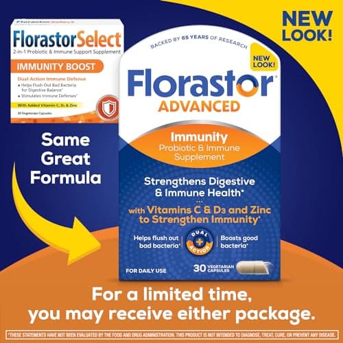 Florastor Advanced Immunity Boost Daily Probiotic & Immune Support Supplement for Women and Men, Saccharomyces Boulardii CNCM I-745 Plus Zinc, Vitamin C & D3 (30 Capsules)