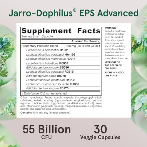Jarrow Formulas Jarro-Dophilus EPS Advanced, 55 Billion CFU Probiotics, Digestive Support for Adults, 30 Probiotic Supplement Veggie Capsules, Up to 30 Day Supply
