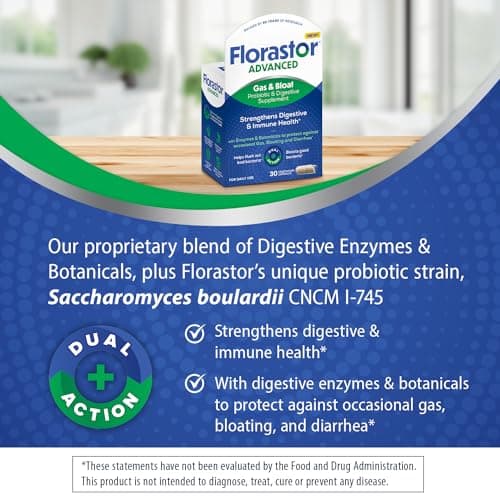 Florastor Advanced Gas and Bloat Probiotic, Digestive Enzymes and Botanicals, Plus Probiotics for Digestive Health, 30 Capsules