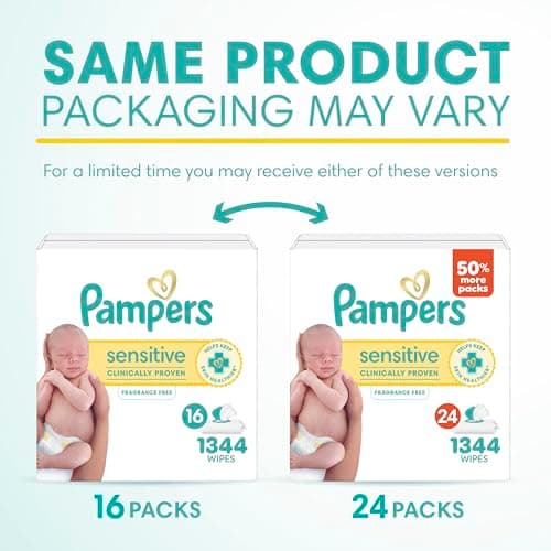 Pampers Sensitive Baby Wipes, Water Based, Clinically Proven, Hypoallergenic, and Unscented for Babies, 1344 Wipes Total (16 Flip-Top Packs) [Packaging May Vary]