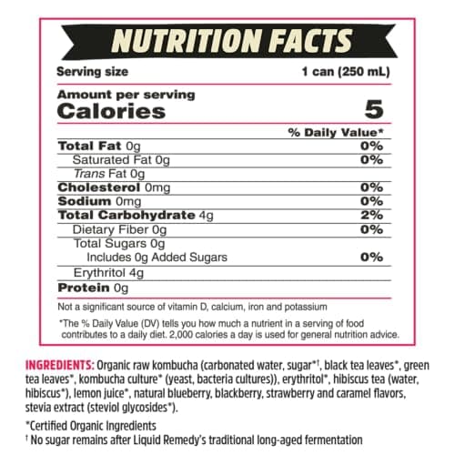 Liquid Remedy Kombucha Sugar Free Organic Drink, Low Calorie, Probiotic Like Tea for Gut Health - Mixed Berry - 8.5 Fl Oz Can, 24-Pack