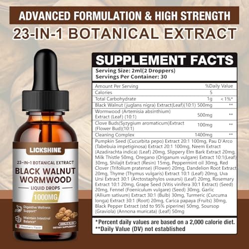 2 Packs 1000MG Wormwood Black Walnut Clove Cleanse for Humans Tincture, 23-IN-1 Gut Support Supplement for Adults, 10:1 Ultra-Concentrated Liposomal Tech 98% Absorption, Raspberry Flavor, 4 Fl oz