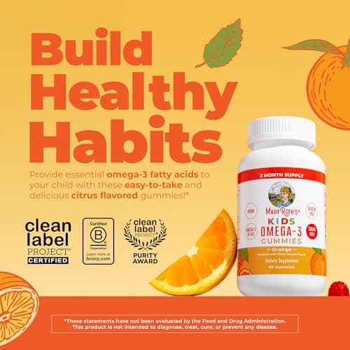 MARYRUTH'S Vegan Omega 3 Gummies for Kids 2+, 2 Month Supply, Sugar Free, Omega 3 Supplement with Vitamin C, Flaxseed Oil, Immune Support, Essential Nutrient ALA, No Fish Taste, 60 Count