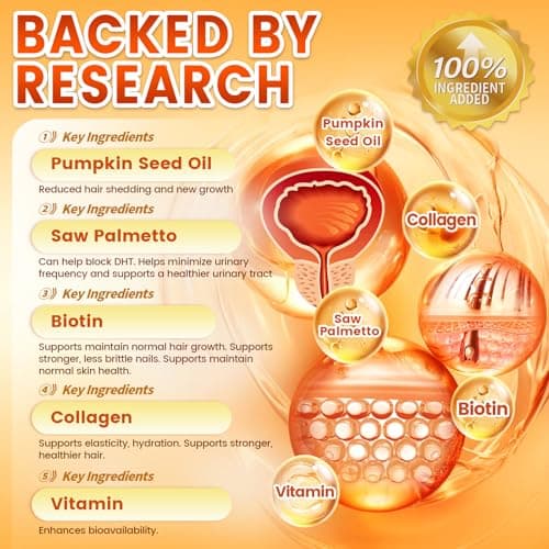 VivoNu Pumpkin Seed Oil with Saw Palmetto Capsules | 4500mg | 300 Count| 33 in 1 Vitamin C D3 B12 E A, Castor, Zinc, Biotin, Iron, Peppermint | Hair Growth & DHT Blocker for Women Men