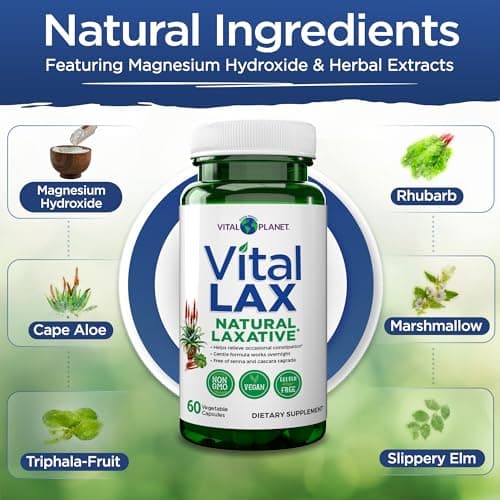 Vital Planet - Vital Lax Natural Laxative Cleanse Supplement for Occasional Constipation, with Magnesium Hydroxide, Slippery Elm, Aloe, and Triphala to Support Bowel Regularity 60 Capsules