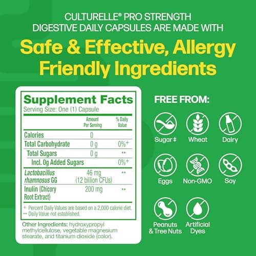 Culturelle Pro Strength Daily Probiotics For Digestive Health (2 Month Supply) with Prebiotics for Women & Men, Supports Occasional Diarrhea, Gas & Bloating, Gluten & Soy Free, 60 Count