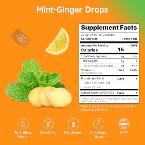 Temimar Mint-Ginger Drops, Fast-Acting Nausea Relief, Support Motion Sickness and Morning Sickness Relief, Added Vitamin B6, 30 Wrapped Ginger Candies