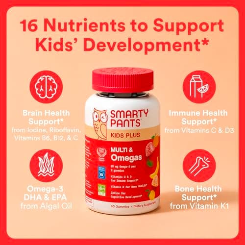 SmartyPants Kids Multivitamin Gummies with Omega 3 DHA/EPA, Vitamins D3, C, B12, B6, A, K, and Zinc, Gluten Free, Clean Label, Three Fruit Flavors, 60 Gummies (30 Day Supply)