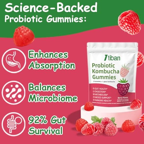 Itiban Probiotic Kombucha Gummy - Prebiotics, Probiotics, Postbiotics, Fiber Supplement, Slippery Elm for Bloating, Gut Health, Women and Men, 60ct
