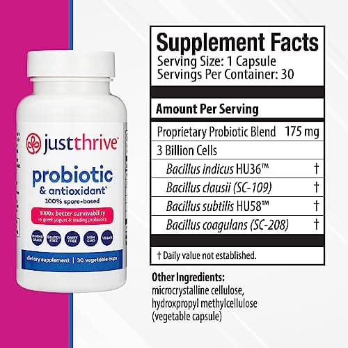 Just Thrive Probiotic & Antioxidant Supplement - 100% Spore-Based Digestive and Immune Support - Gluten Free, 30 Caps