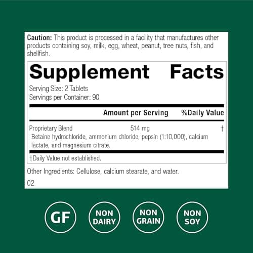 Standard Process Betaine Hydrochloride - Supplement for Gastrointestinal pH Support - Supports Digestive Health & Iron Absorption - Gluten-Free, Non-Dairy & Non-Soy - 180 Tablets (90 Servings)