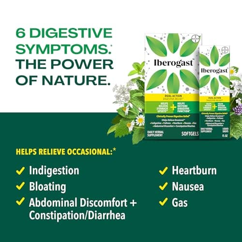 Iberogast Softgels, Herbal Relief of Stomach Upsets: Occasional Indigestion, Bloating, Gas, Nausea, Upset Stomach; 6-Herb Blend with Iberis Amara, Peppermint, Licorice, Lemon Balm; 30ct