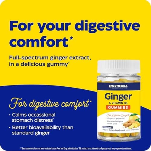 Enzymedica Ginger Root & Vitamin B6 Gummies for Adults - Ginger & VIT B6 Supplement Chews for Women & Men, Support for Occasional Nausea, Helps Digestion, Vegan, Gluten Free - 60 Count