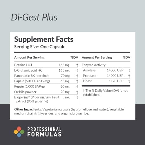 Professional Formulas Di-Gest Plus - Betaine, L-Glutamic Acid, Pancreatin, Papain and Pepsin for Healthy Digestion, Nutrient Absorption, and Gut Lining - Hypoallergenic, Gluten Free, 90 Capsules