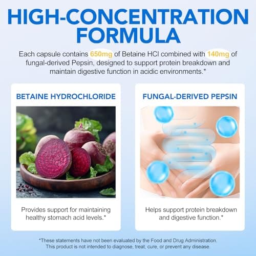 shwdppmy Betaine HCl with Pepsin Digestive Enzymes Supplement, 120 Vegan Capsules, 790mg Gluten-Free Formula for Digestive Support & Stomach Comfort, Plant-Based, Non-GMO