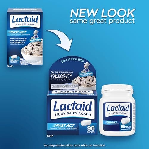 Lactaid Fast Act Lactose Intolerance Caplets with Lactase Enzyme, Dairy Relief from Gas, Bloating & Diarrhea, 9000 FCC, 96 Individual Travel On-The-Go Packs (96 x 1 ct)