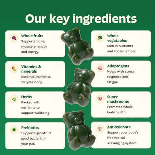 Gruns Adult Super Greens Multivitamin Gummies, Superfood Gummy Vitamins for Women and Men with Spirulina, Chlorella, Adaptogens & Prebiotic Fiber for Digestive Health (28 Count)