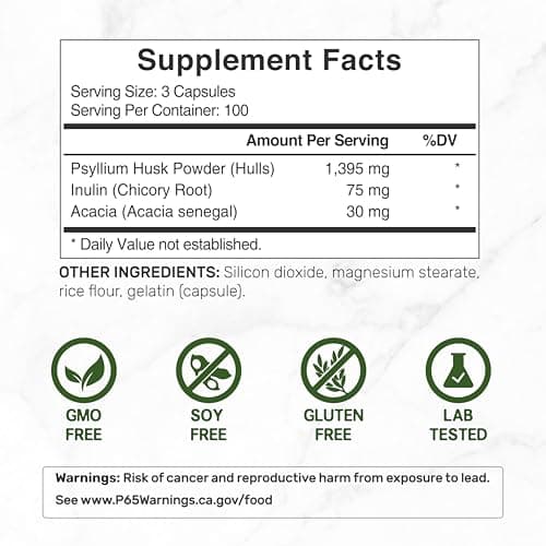 Psyllium Husk 1500mg Per Serving, 300 Capsules – 3 in 1 Fiber Supplement with Inulin & Acacia Complex – Natural Soluble Fiber, Supports Digestive Health* – Plant Based, Non-GMO