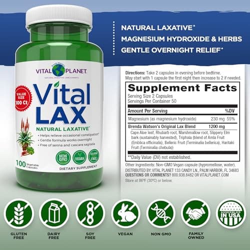 Vital Planet - Vital Lax Natural Laxative Cleanse Supplement for Occasional Constipation, with Magnesium Hydroxide, Slippery Elm, Aloe, and Triphala to Support Bowel Regularity 100 Capsules
