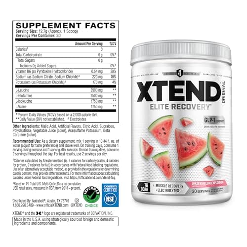 Xtend Original BCAA Powder, 7g BCAAs and 2.5g L-Glutamine for Muscle Recovery Hydration and Lean Muscle, Sugar Free Intra and Post Workout Drink with Electrolytes, Watermelon Explosion, 30 Servings