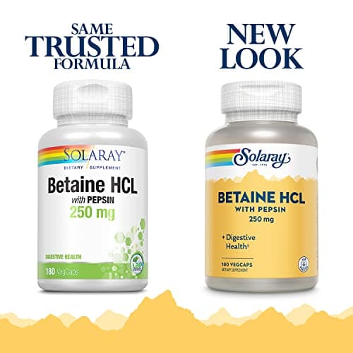 SOLARAY Betaine HCl with Pepsin 250 mg Supplement for Men & Women - Digestive Support, Betaine Hydrochloride Capsules, Gut Health Support Formula, Gluten Free - 180 Veg Cap Ct