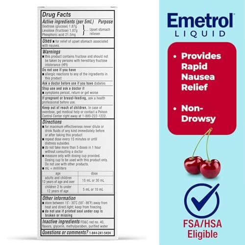 Emetrol Non-Drowsy Nausea Relief - Liquid Medicine for Upset Stomach Relief - Pharmacist Recommended Nausea Medicine - Cherry Flavor - 12 fl oz