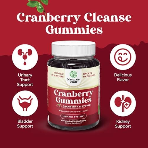 Natural Cranberry Gummies for Women and Men - Extra Strength Delicious Antioxidant Cranberry Chews for Urinary Tract Health Kidney Support Bladder & Immune Health - Vegan Gluten & Gelatin Free - 60ct