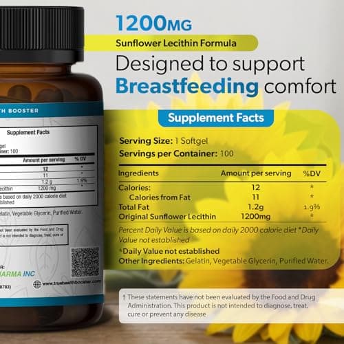 TRUEMED Organic Sunflower Lecithin 1200 mg – Sunflower Lecithin Breastfeeding Supplement for Moms – Supports Milk Flow, Clogged Duct Relief, Brain & Liver Health – Soy-Free, Non-GMO – 100 Softgels
