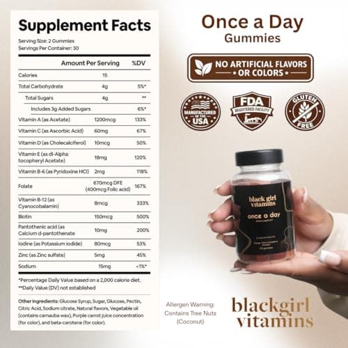 Black Girl Vitamins Once a Day - Womens Multivitamin Gummy - Vitamin A, B, C, E and Zinc. Multivitamin for Women, Immune Support. Vegan, Gluten-Free. Made in The USA (30 Day Supply, Strawberry)