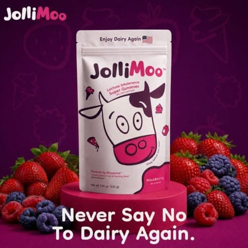 JolliMoo Lactase Enzyme Gummies 9000+ FCC 60 Count – Digestive Enzyme Supplement for Dairy Foods, Chewable Lactase Support, Vegan, Kosher, Made in USA | Moozyme™