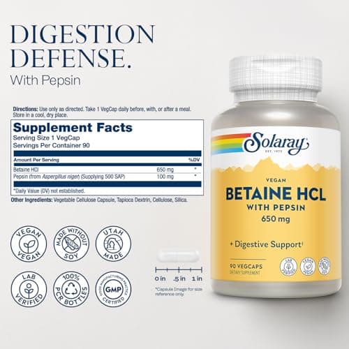 SOLARAY Vegan Betaine HCL with Pepsin - Hydrochloric Acid Supplement for Digestive Health - with Betaine Hydrochloride and Digestive Enzymes - Gut Health Support - 60-Day Guarantee, 90 VegCaps