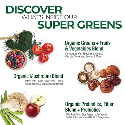 Country Farms Organic Super Greens Natural Flavor, 50 Organic Super Foods, Packed with Fiber, USDA Organic Drink Mix, Fruits, Vegetables, Mushrooms & Probiotics, Supports Energy, 6g Fiber