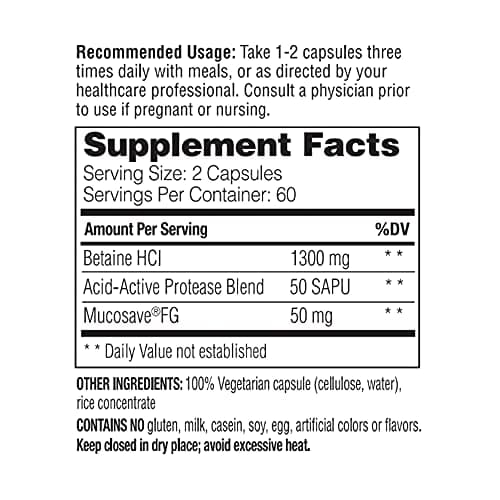 Enzymedica Betaine HCl for Men & Women - Betaine Hydrochloric Acid Supplement, Protease Digestive Enzyme Blend, Digestive Health Support, Occasional Heartburn & Indigestion Support, Vegan - 120 Caps