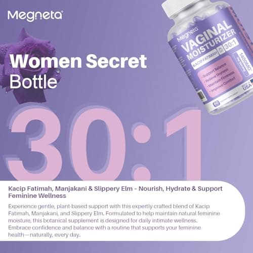 MEGNETA Vaginal Moisturizer, Kacip Fatimah 1,000mg & Manjakni 200mg for Female Intimate Health, Slippery Elm for Women, Vegan, 60 Capsules