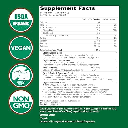 Country Farms Organic Super Greens Natural Flavor, 50 Organic Super Foods, Packed with Fiber, USDA Organic Drink Mix, Fruits, Vegetables, Mushrooms & Probiotics, Supports Energy, 6g Fiber
