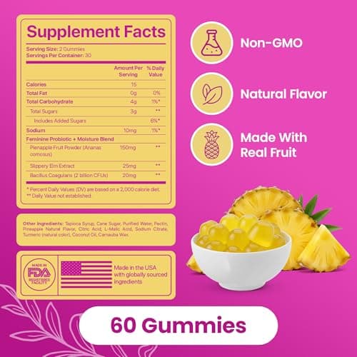 KITTYQUEEN Slippery Kitty Feminine Probiotic and Moisture Gummies, Pineapple Flavor, Women’s Probiotic Gummies for Vaginal Health, pH Balance, Odor Control, Flora Support and Moisture Boost, 60 Count